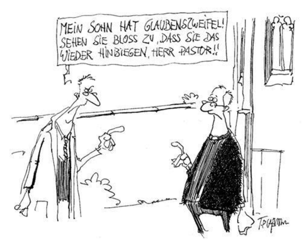 Schwarzweiß-Cartoon: Mann beschwert sich beim Pastor über die Glaubenszweifel seines Sohnes.